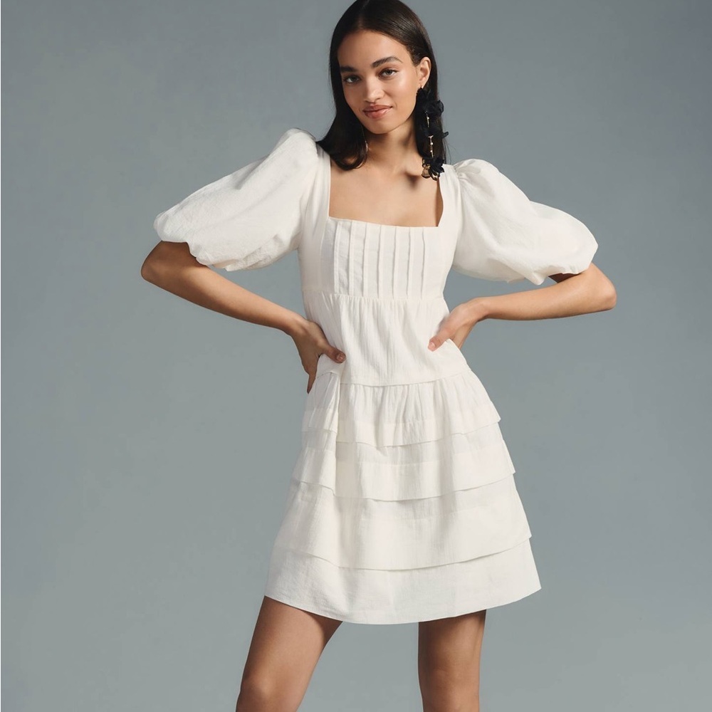 Anthropologie White Puff Sleeve Dress Women’s M Smocked Back Cottagecore tiered